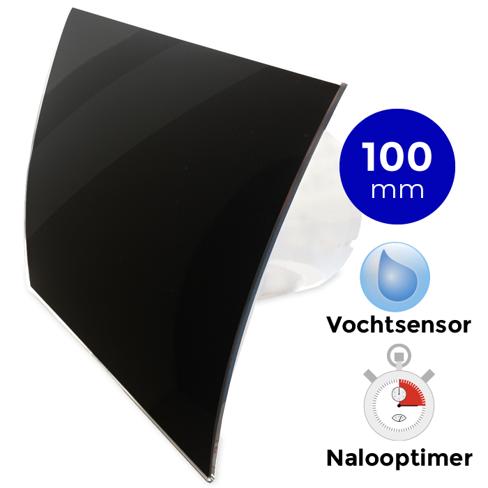 Pro-Design Badlüfter – mit Nachlauf + Feuchtigkeitsensor (KW100H) – Ø 100 mm – gewölbtes Glas – glänzend Schwarz