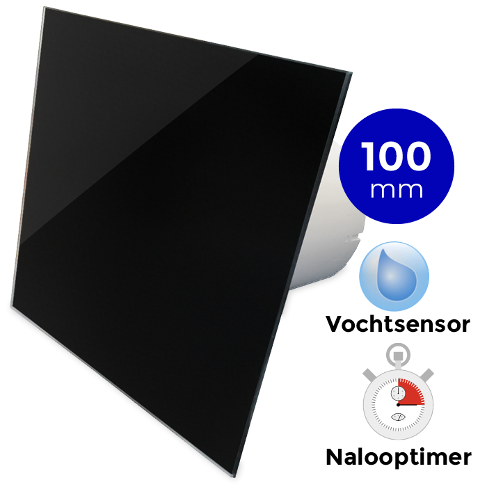 Pro-Design Badlüfter – mit Nachlauf + Feuchtigkeitsensor (KW100H) – Ø 100 mm – flaches GLAS – glänzend Schwarz Pro-Design Badlüfter – mit Nachlauf + Feuchtigkeitsensor (KW100H) – Ø 100 mm – flaches GLAS – glänzend Schwarz
