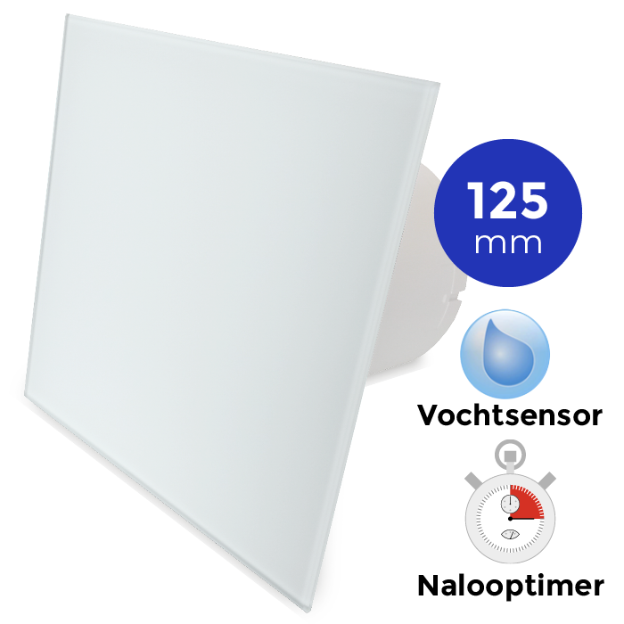 Pro-Design Badlüfter – mit Nachlauf + Feuchtigkeitssensor (KW125H) – Ø 125 mm – flaches GLAS – matt Weiß