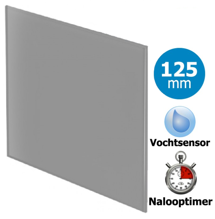 Pro-Design Badlüfter – mit Nachlauf + Feuchtigkeitssensor (KW125H) – Ø 125 mm – flaches GLAS – Mattgrau Pro-Design Badlüfter – mit Nachlauf + Feuchtigkeitssensor (KW125H) – Ø 125 mm – flaches GLAS – Mattgrau