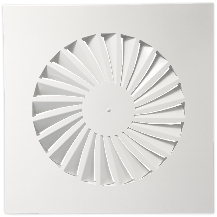 Einbau-Drallauslass für Systemdecke 595 x 595 mm – rund Ø 443 mm – Luftabfuhr und -zufuhr – Stahl – RAL9010