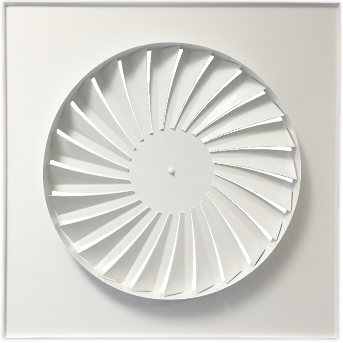 Einbau-Drallauslass für Systemdecke 595 x 595 mm – rund Ø 443 mm – Luftabfuhr und -zufuhr – Stahl – RAL9010